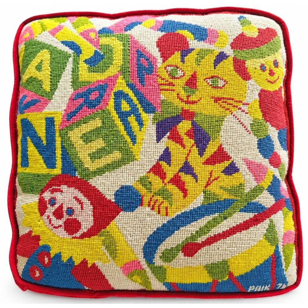 Vintage Needlepoint Cat Pillow Signed PAIK 1976 Alphabet Blocks Folk Art 14x14